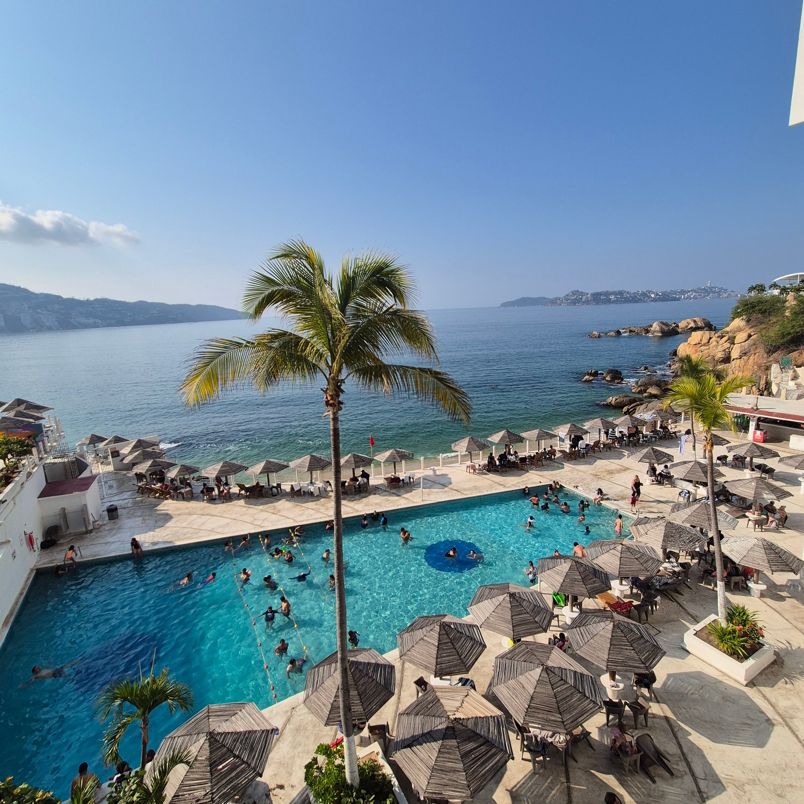 Alberca con palmeras y vista al mar del Condominio Torres Gemelas